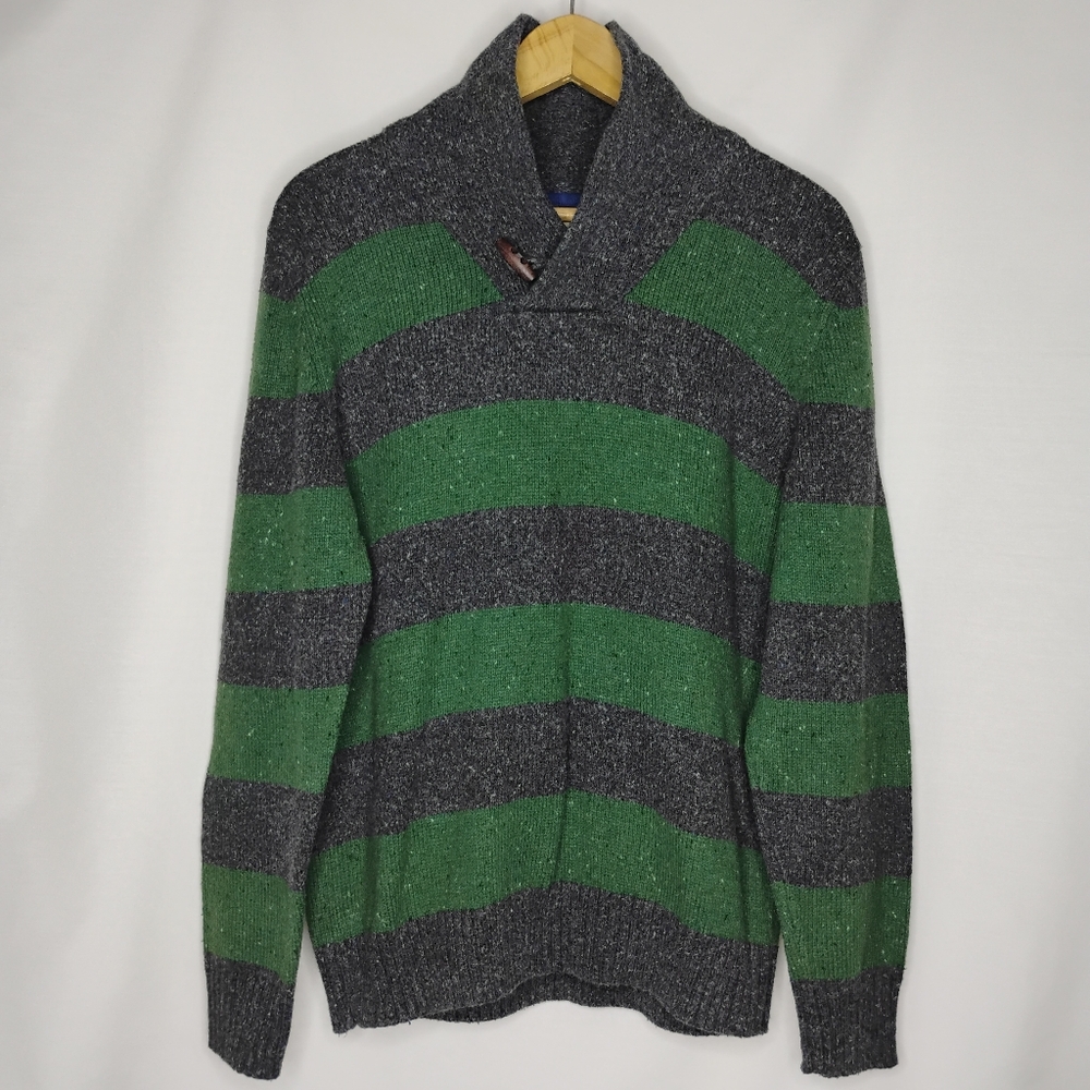 Men's M Green & Gray Striped Urban Pipeline Winter Sweater Shawl Collar Rustic
